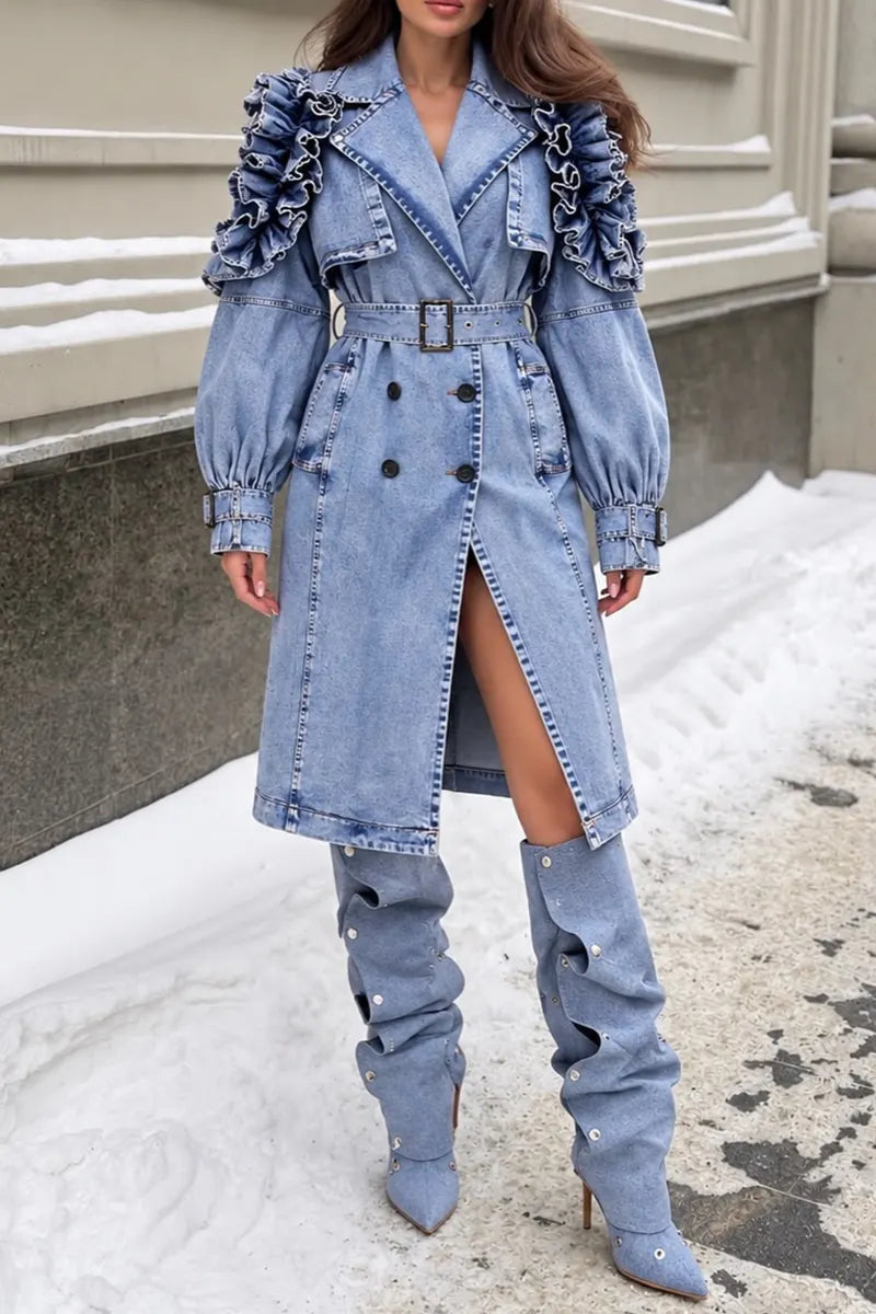 Women's Fashion Lapel Ruffle Decoration Double-Breasted Denim Coat