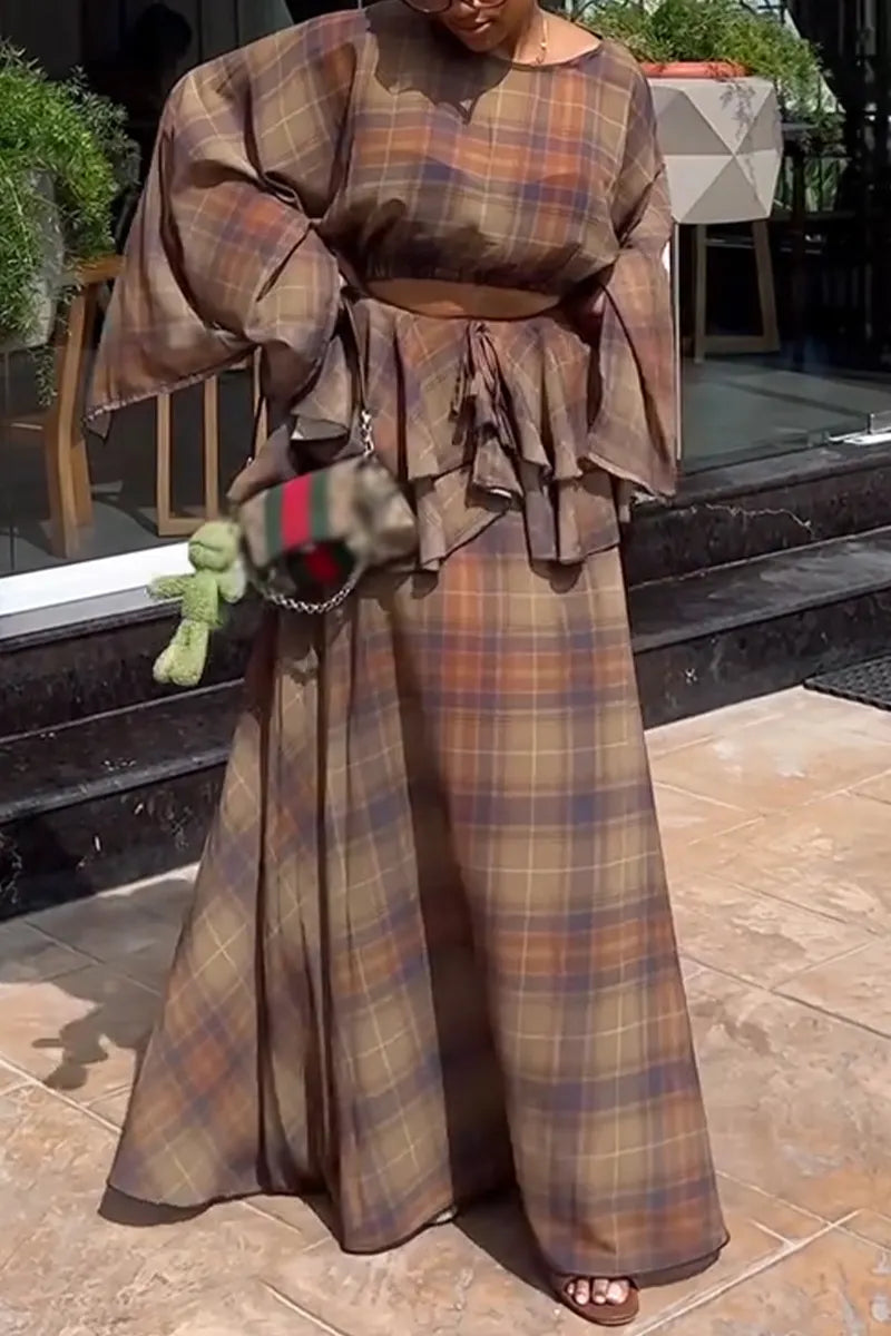 Women's Round Neck Plaid Top+ Patchwork Skirt Elegant Casual Set