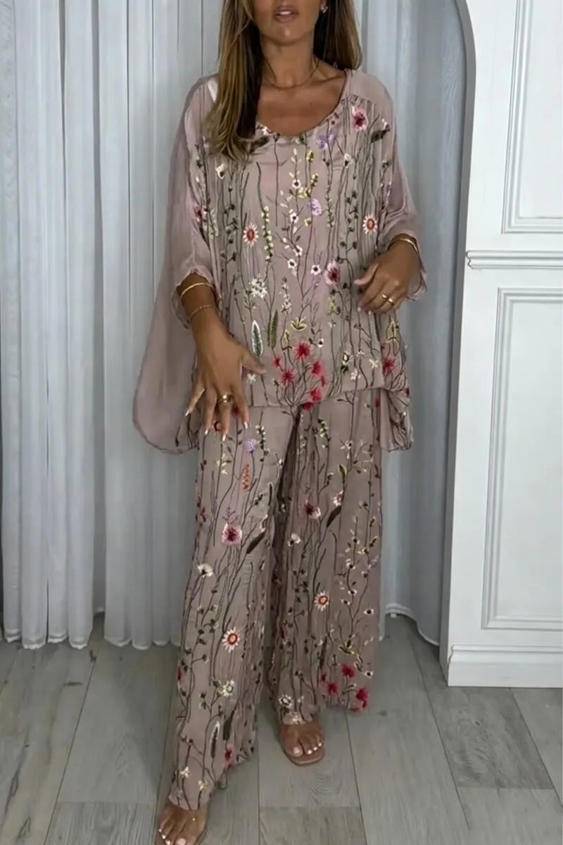 Women U-neck Embroidered Flower Top+Wide Leg Pants Loose Casual Set