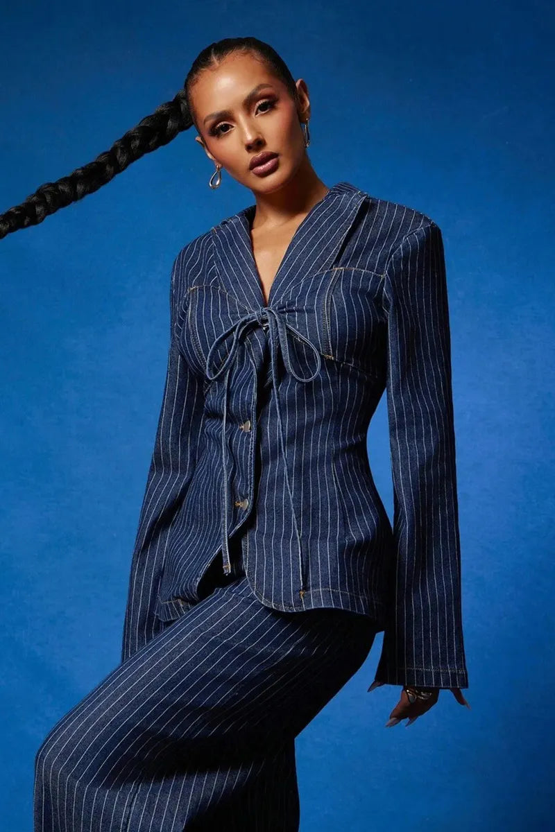 Fashion Thin Stripe V-Neck Denim Jacket