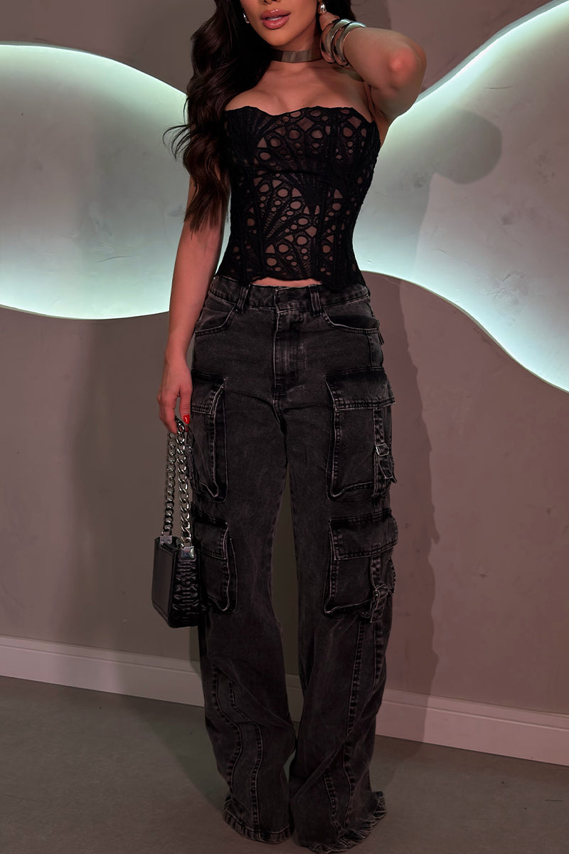 Women's Sexy Casual Strapless Fishbone Top or Patchwork Multi Pocket Jeans