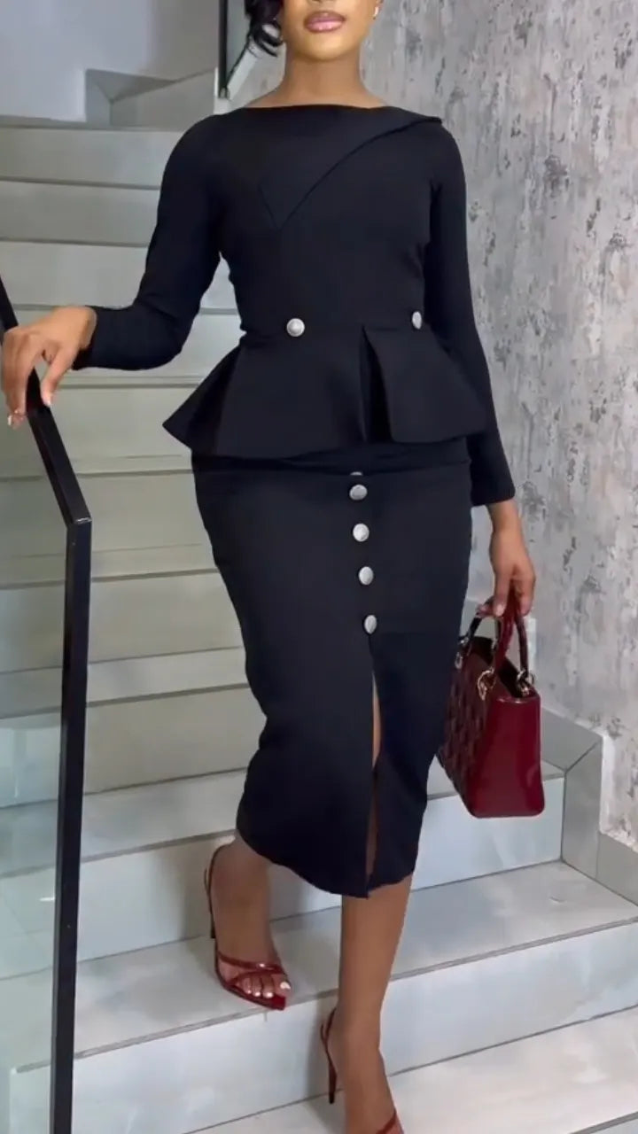Women Round Neck Top + Breasted Split Half Skirt Temperament Commuting Suit