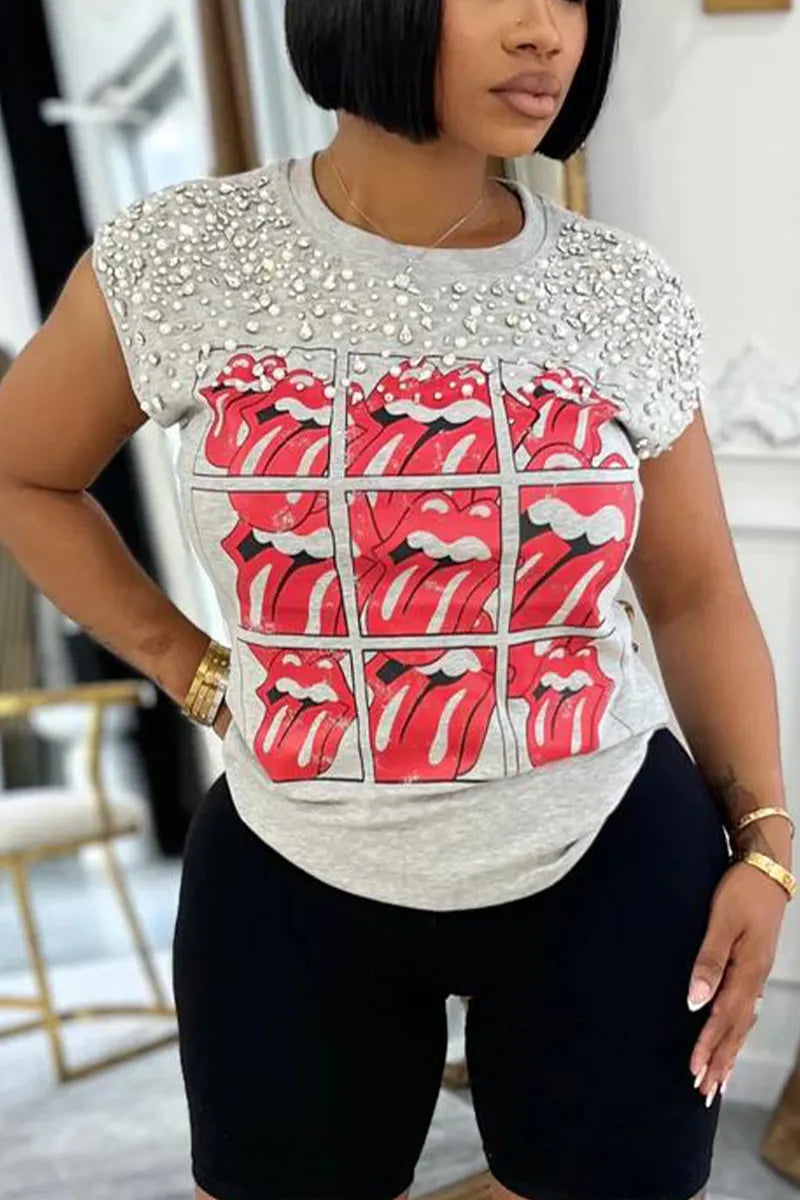 Women Round Neck with Diamond Print Casual Top