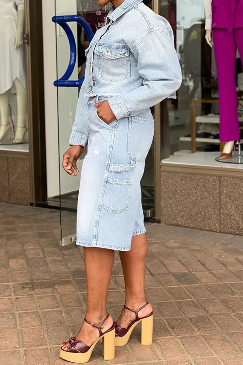 Ladies' Casual Denim Light Washed Top And Shorts