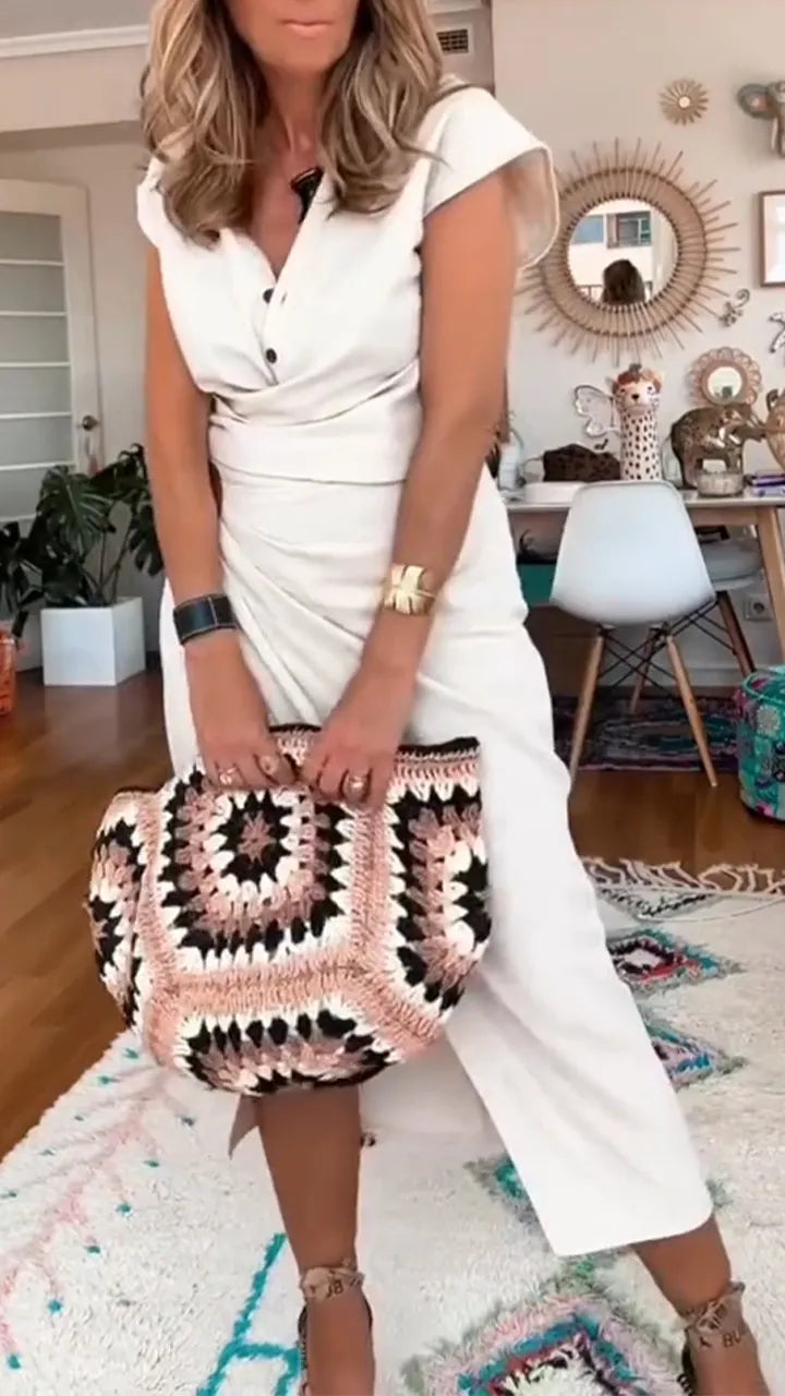 Women Collar Splicing Short Top + Slit Skirt Casual Set