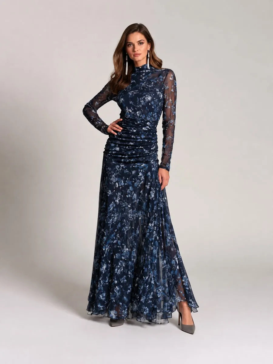 Elegant Mock Neck Navy Floral Print Mesh Ruched Maxi Dress