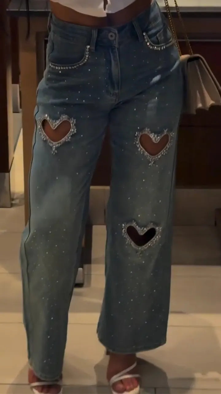 Women Heart-shaped Hollow Hot Diamond Washed Casual Jeans