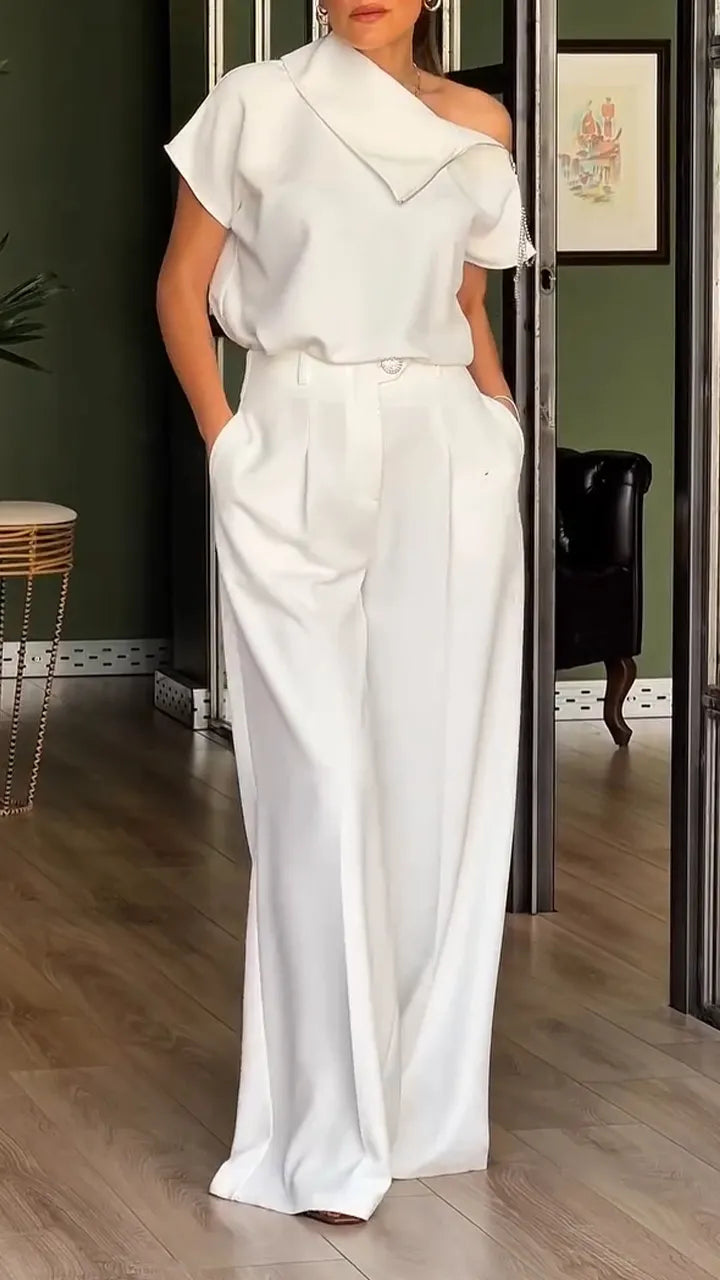 Women Collar Zipper Tassel Top + Wide Leg Pants Casual Set with Temperament