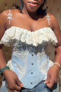Women Spliced Waist Cinched Buckle Straps or Washed Ripped Jeans