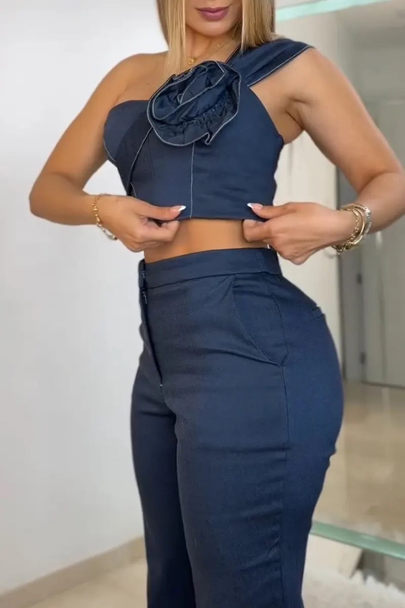 Women's Elegant One Shoulder 3D Floral Vest or Pants