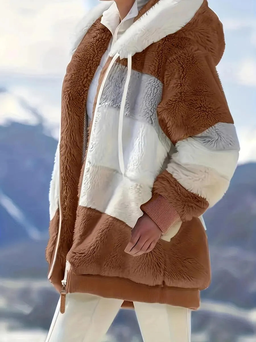 Women's Hooded Contrasting Color Casual Plush Coat