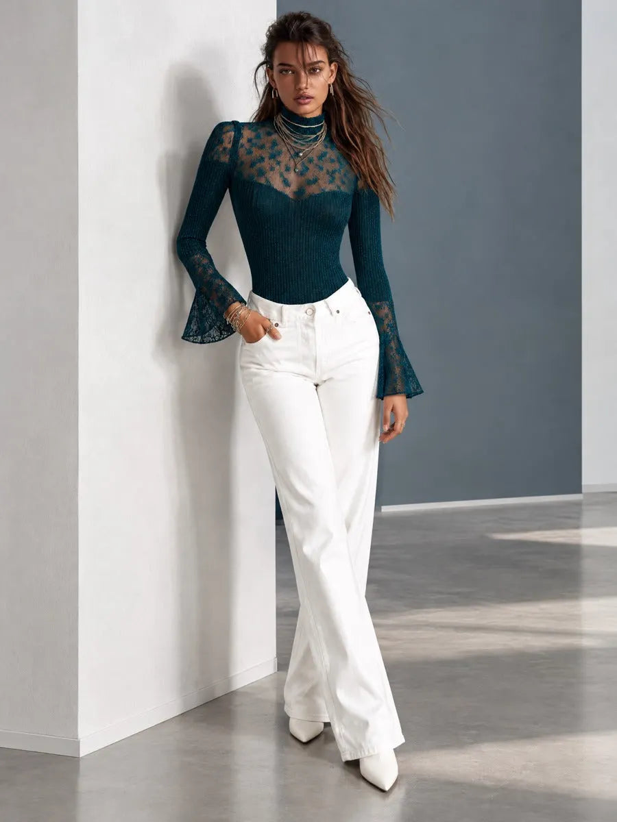Dark Teal Lace Panel Mock Neck Long Sleeve Knit Top with Flared Lace Cuffs
