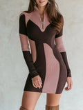Brown And Dusty Rose Colorblock Half-Zip Ribbed Knit Mini Dress