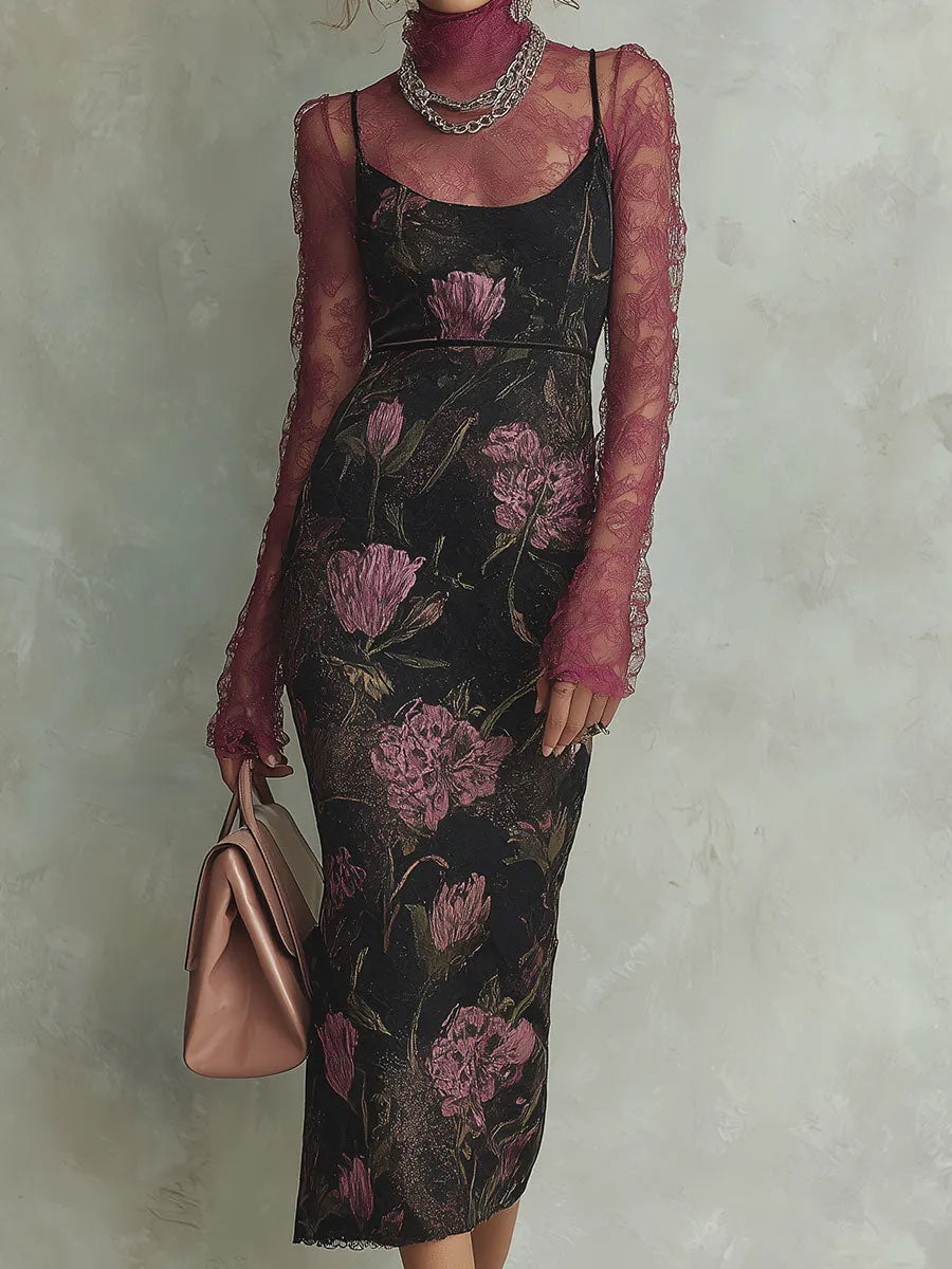 Elegant Lace Base Layer & Screen-Printed Slim-Fit Camisole Midi Dress Set