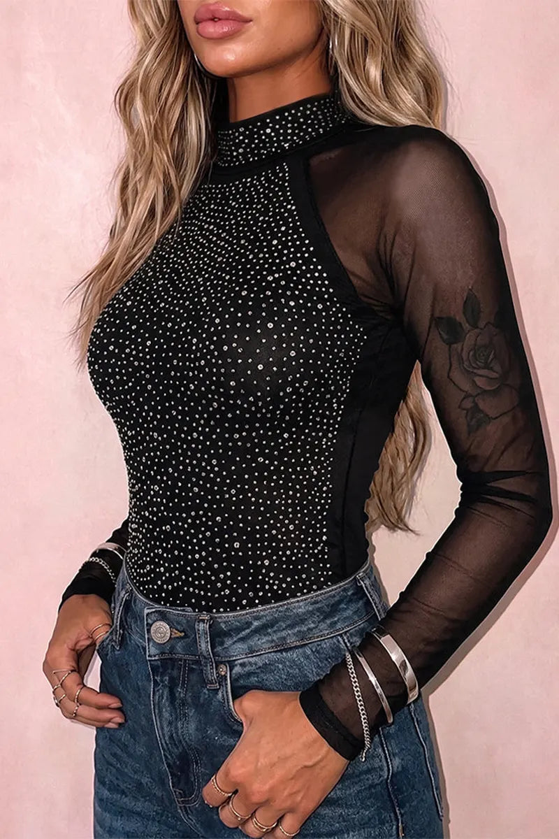 Women's Round Neck Spliced Rhinestone Casual Top