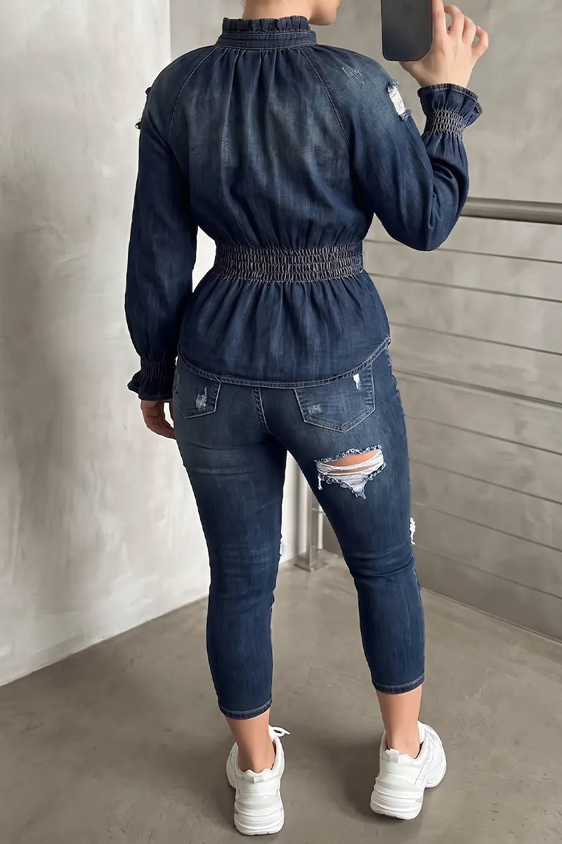 Women's 2 Piece Denim Outfits Long Sleeve Smocked Waist Ruffled Jean Shirt and Ripped Skinny Pants Set Casual Streetwear