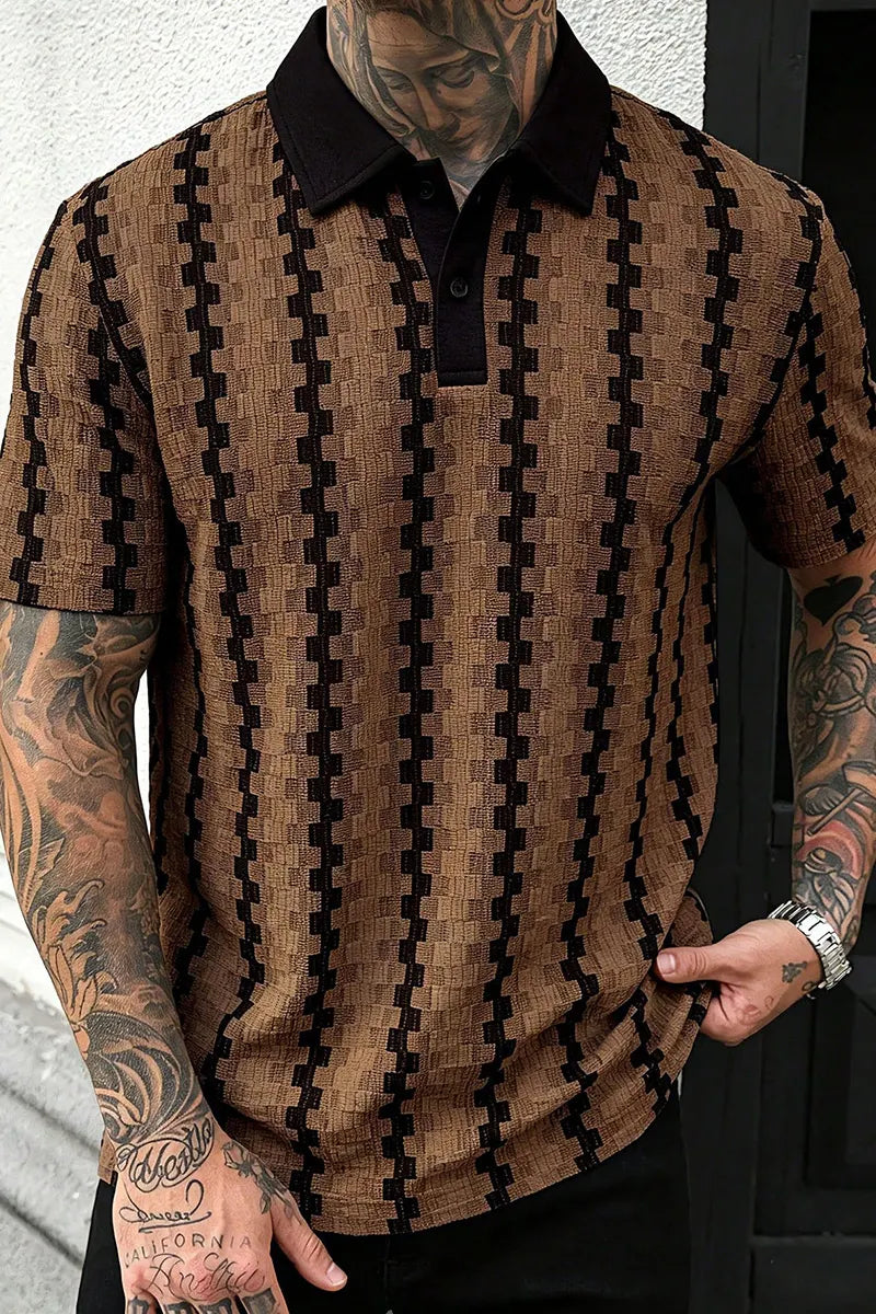 Men's Colorblock Polo Shirt, Retro Geometric Jacquard Casual Top
