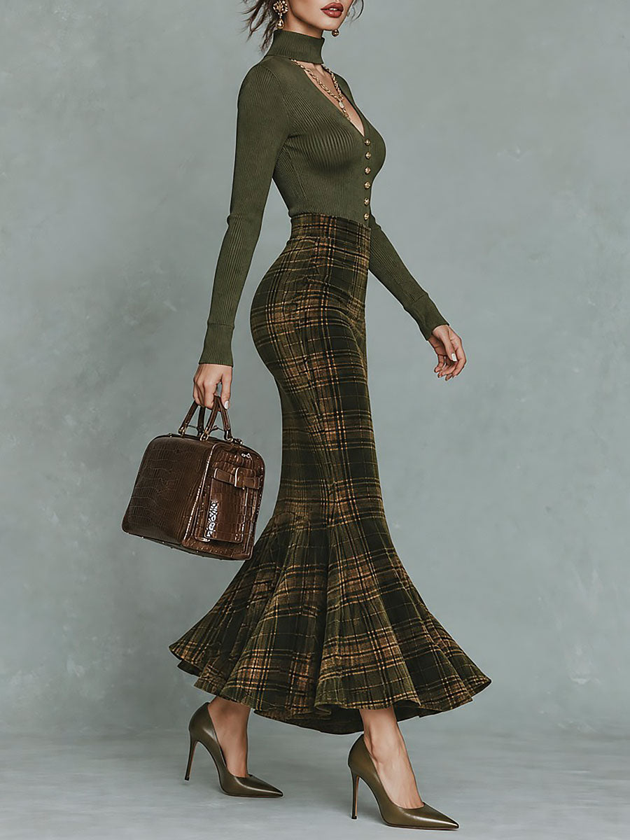 Vintage Keyhole-neck Ribbed Top & Olive Plaid Velvet Mermaid Skirt Set