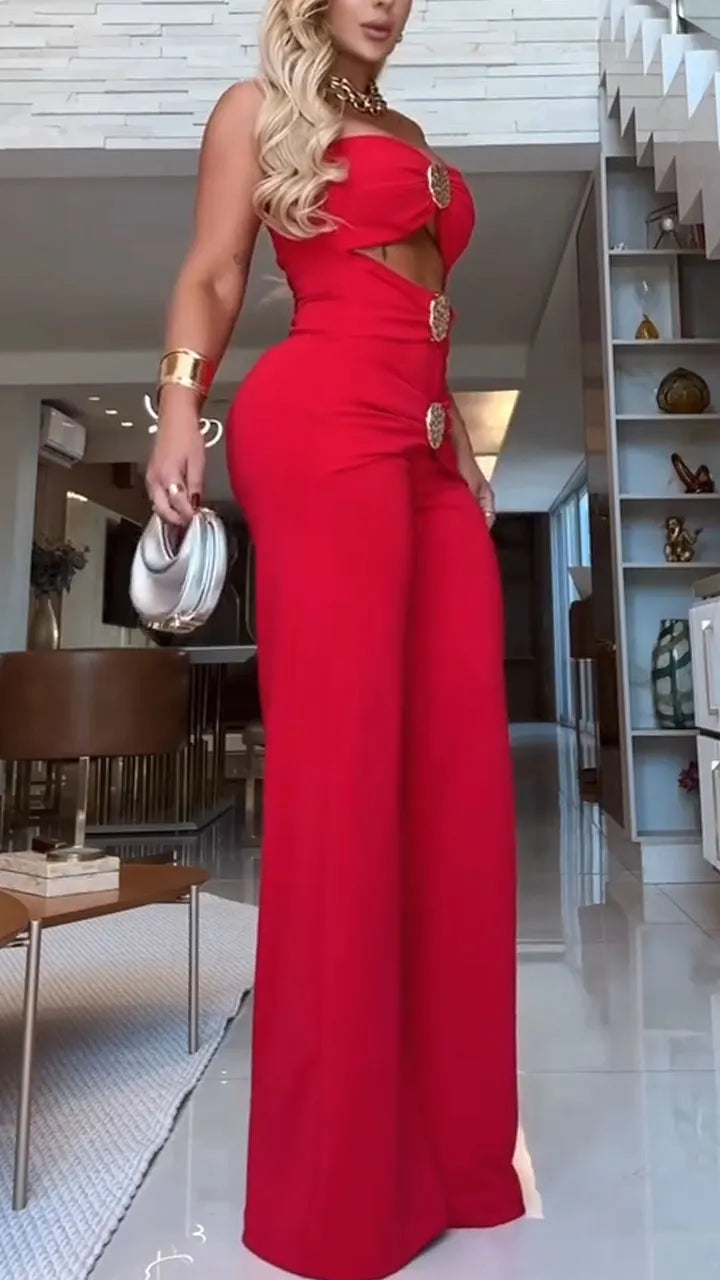 Women Strapless Hollow Metal Buckle Decoration Sexy Temperament Dinner Party Jumpsuit
