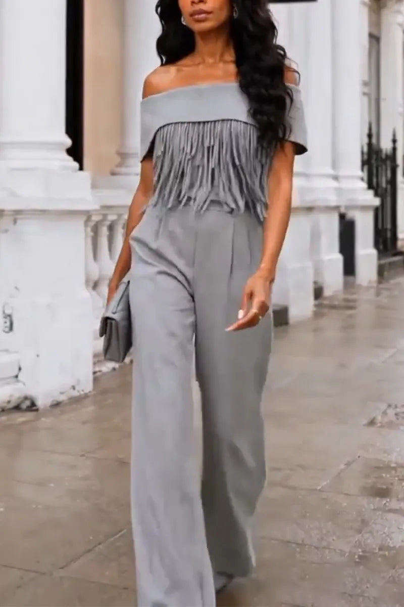 Women's Off Shoulder Patchwork Tassel Top+ Pants Elegant Temperament Set