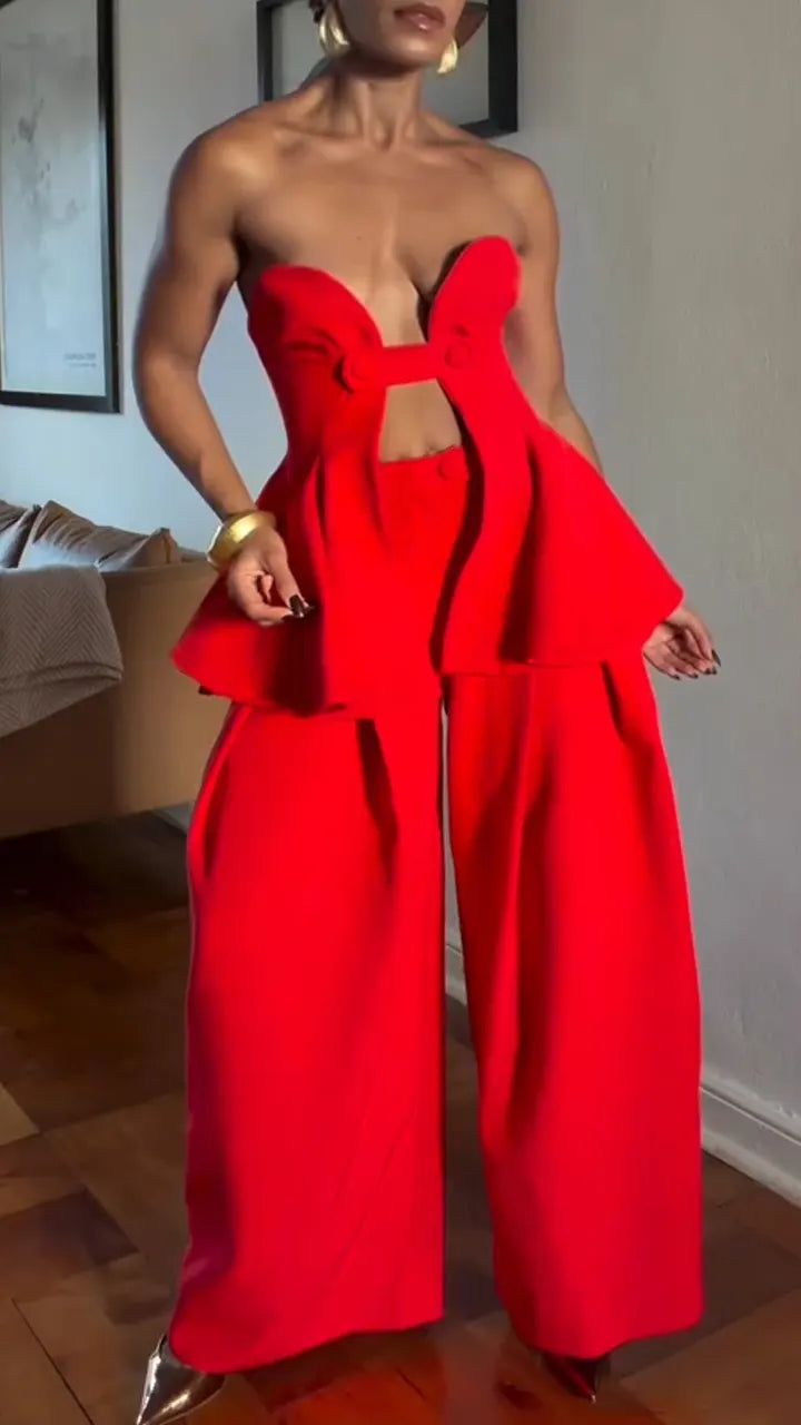 Women Strapless Hollow Top + Wide Leg Pants Solid Color Sexy Casual Suit