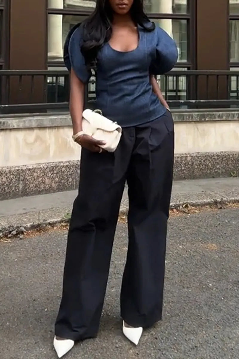 Women's U-neck Waist Cinched Denim Top or Casual Wide Leg Pants