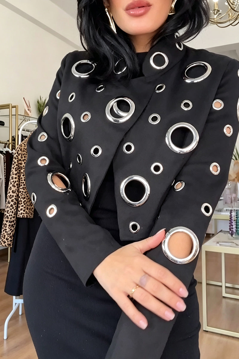 Women's Fashion Metal Cut-Out Decoration Cropped Jacket