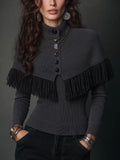Vintage Charcoal Gray Fringe Cape Collar Knit Sweater