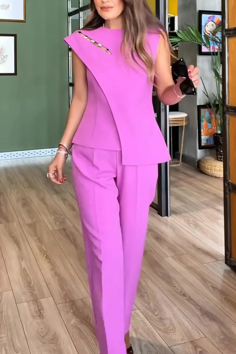 Women Round Neck Patchwork Top + Pants Temperament Commuting Formal Suit