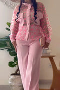 Women Round Neck See Through Printed Jacket+ Pants Casual Set