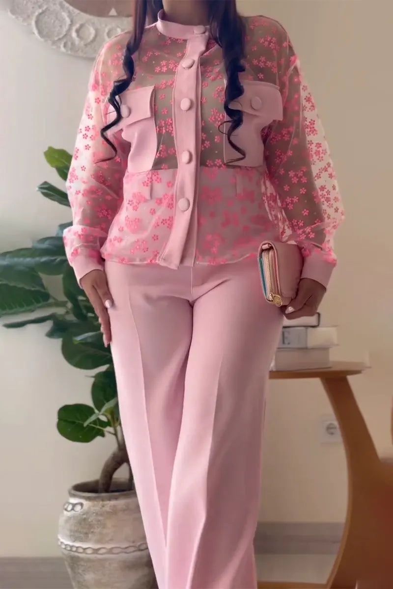 Women Round Neck See Through Printed Jacket+ Pants Casual Set