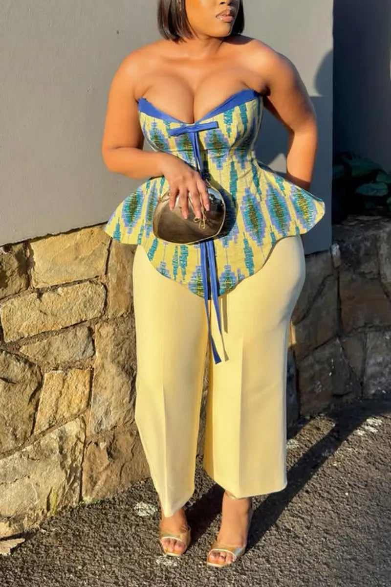 Women Elegant Casual Strapless Printed Irregular Tops or Wide Leg Pants