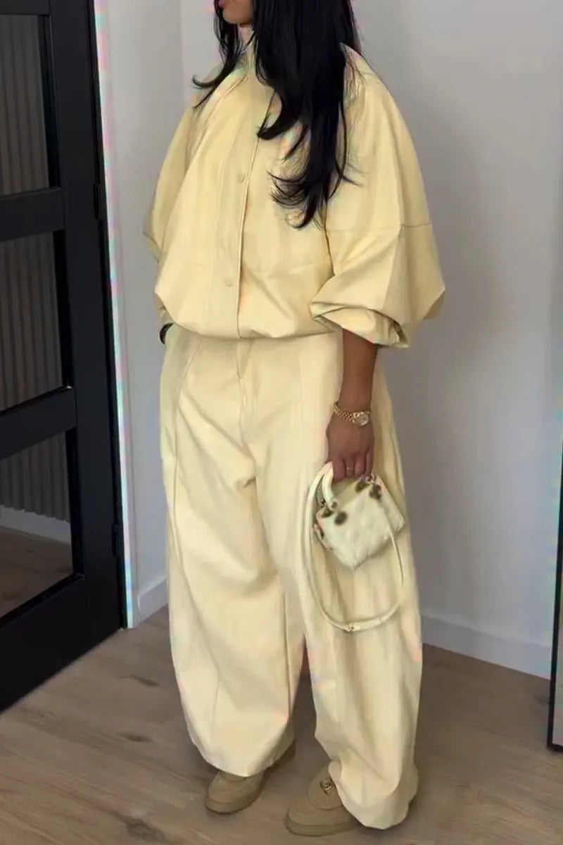 Women Stand Up Collar Jacket + Pants Solid Color Casual Suit
