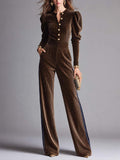 Brown Velvet Puff-Sleeve Wide-Leg Jumpsuit with Gold Buttons and Navy Side Stripes