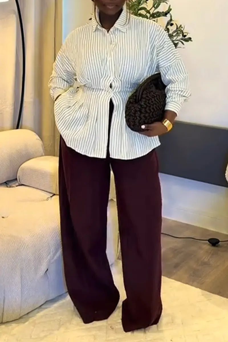 Women Collar Vertical Stripe Casual Shirt or Wide Leg Pants