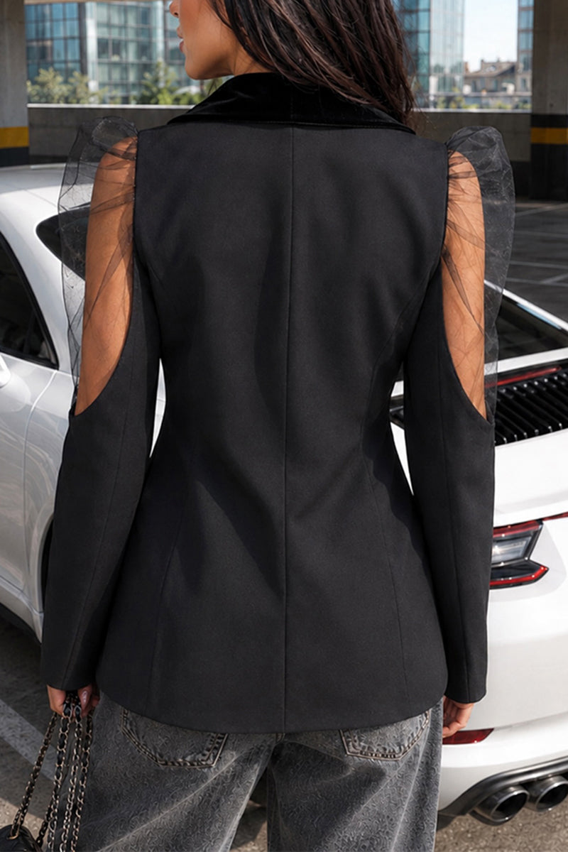 Women's Elegant Mesh Patchwork Leg of Mutton Sleeve Lapel Blazer