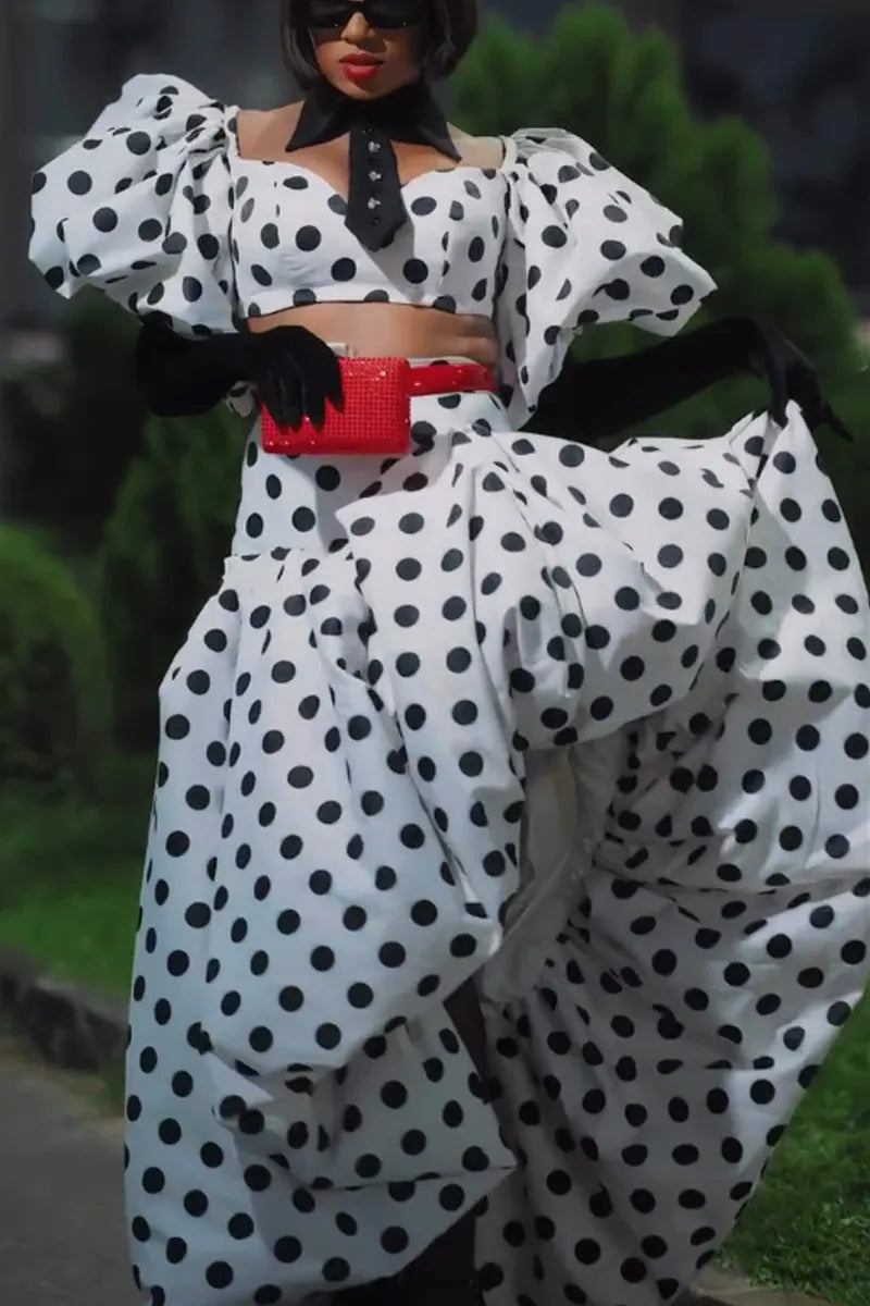 Women's Polka Puff Sleeve Crop Top & High-Waisted Maxi Skirt