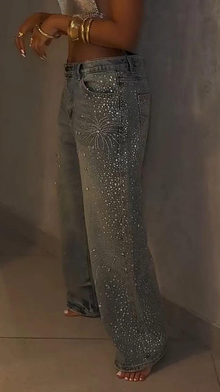 Women Fireworks Hot Stamping Rhinestone Water Washing Casual Jeans