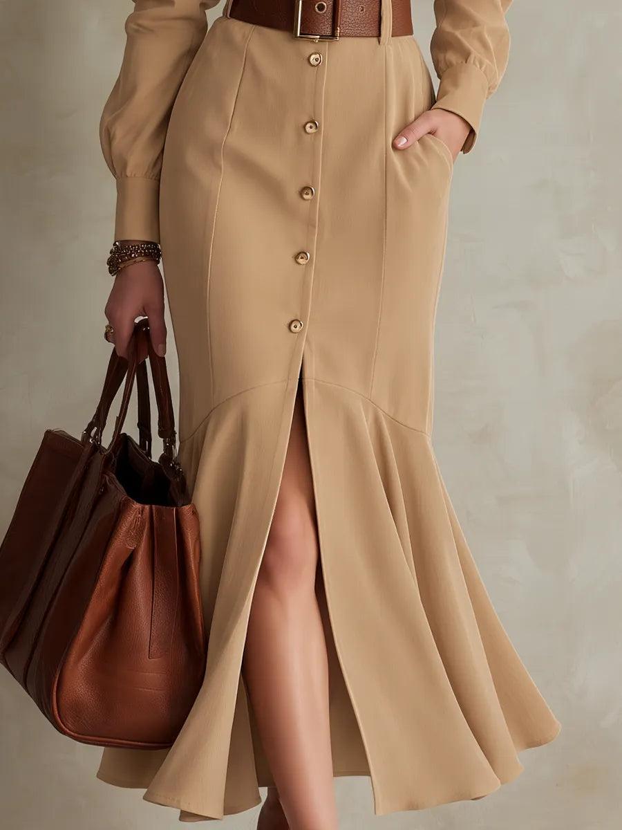 Vintage Khaki Ruffle Collar Belted Button Front Mermaid Maxi Dress