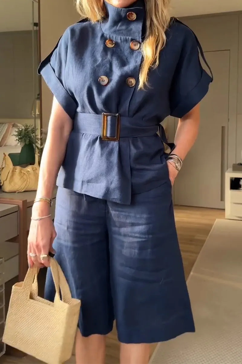 Women's Stand Up Collar Double Breasted Waist Cinched Top+ Pants Casual Suit