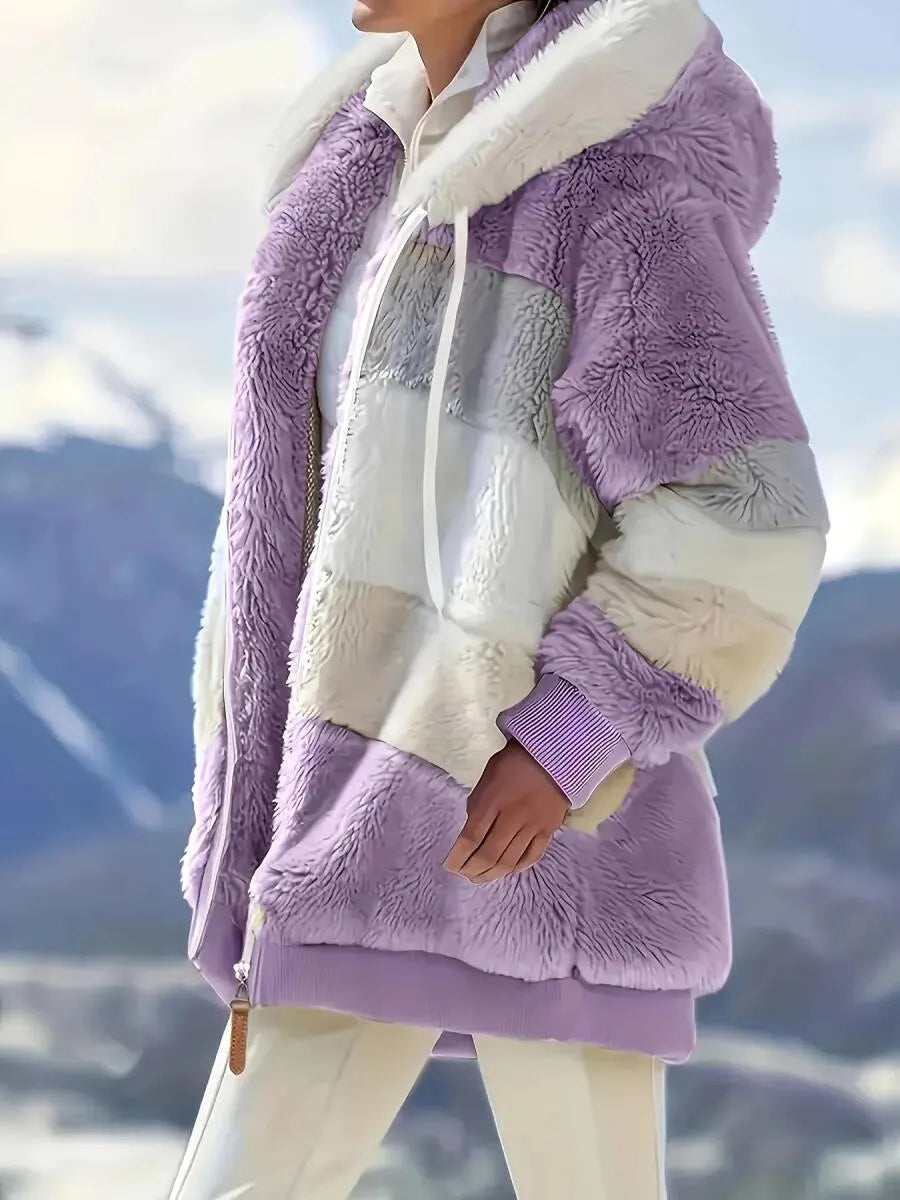 Women's Hooded Contrasting Color Casual Plush Coat