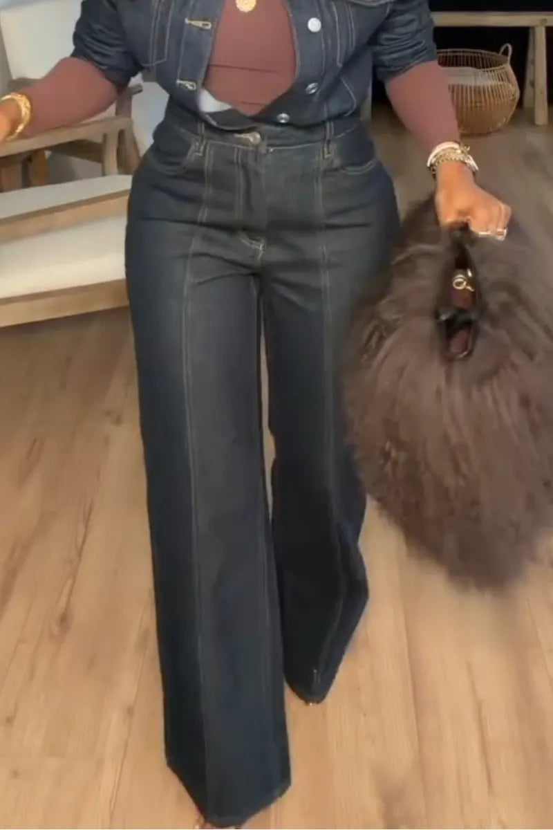 Women Laple Collar Jacket+ Pants Casual Denim Suit