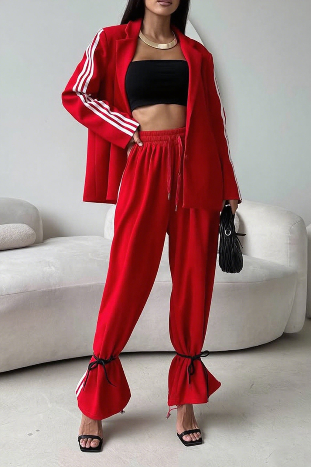 Ladies Collar Vertical Patterned Jacket+ Pants Casual Set