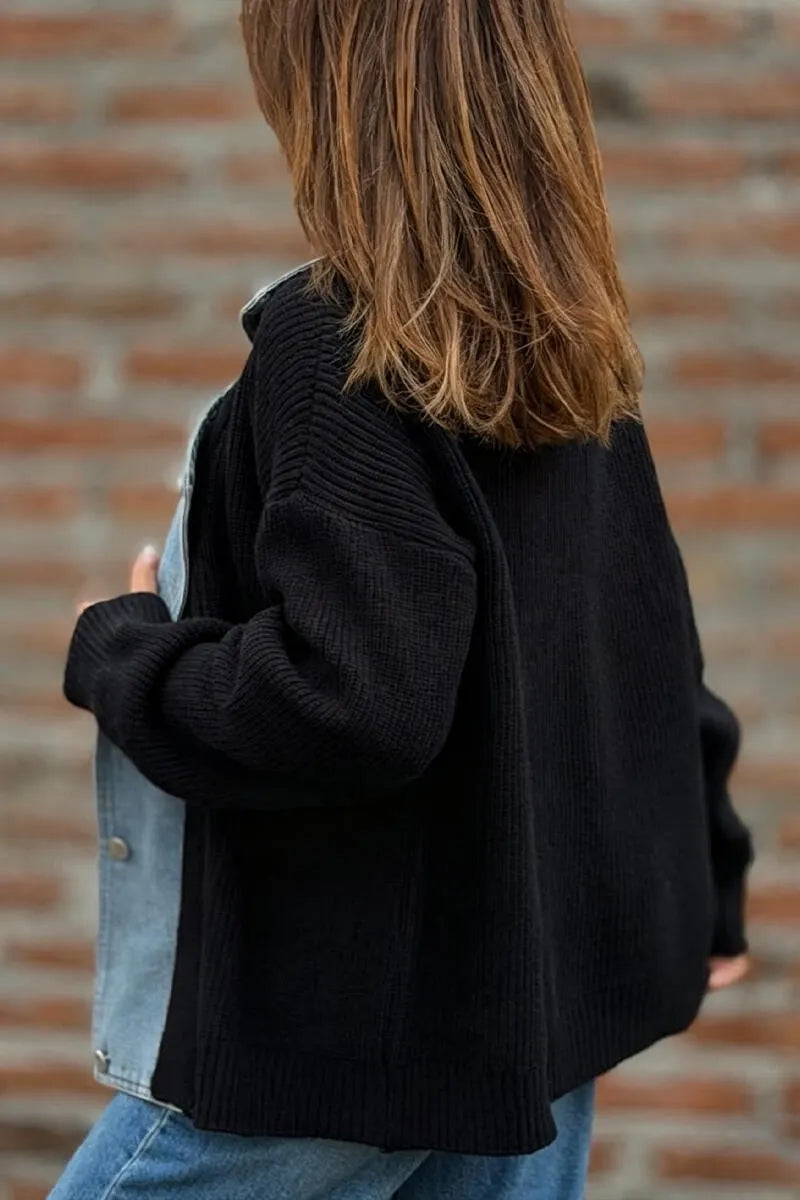 Women's Collar Denim Patchwork Knit Casual Jacket