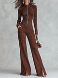 Boho Faux Suede Zip-Up Ribbed Trim Cropped Top & High-Waist Split-Hem Wide-Leg Pants Set