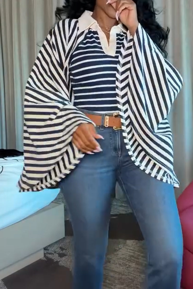 Women's Collar Patchwork Striped Casual Top