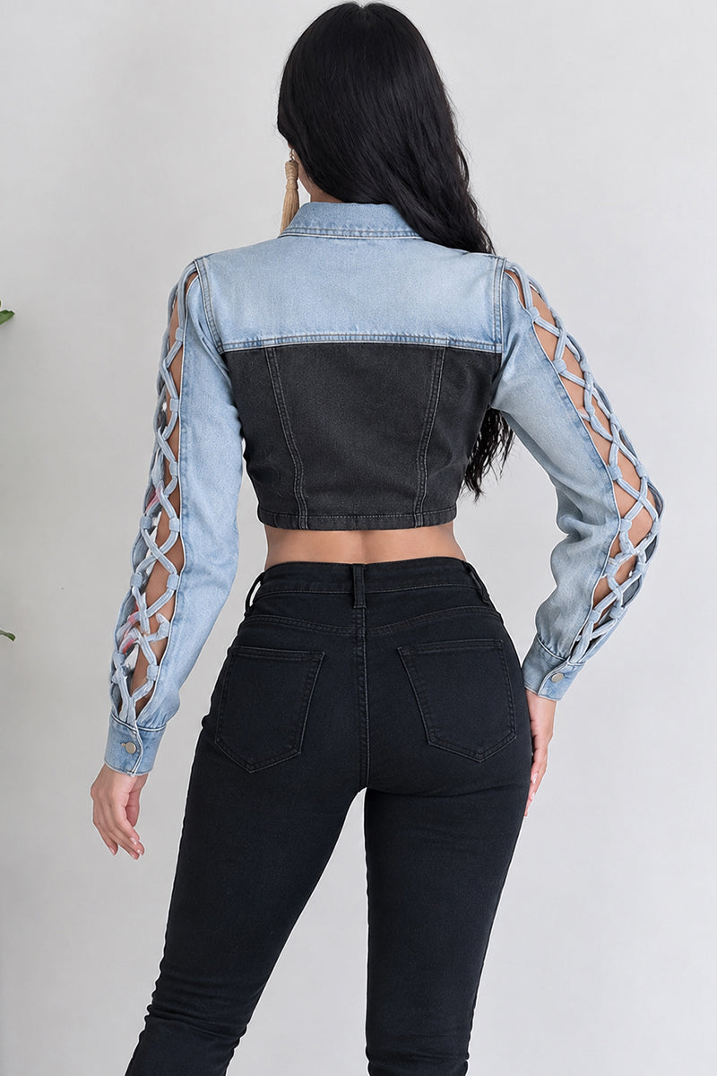 Women's Chic Color Block Cutout Lattice Sleeve Light Blue Denim Jacket