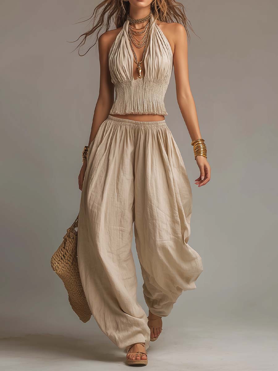 Bohemian Cotton-Linen Halter Smocked Crop Top & Harem Pants Two-Piece Set