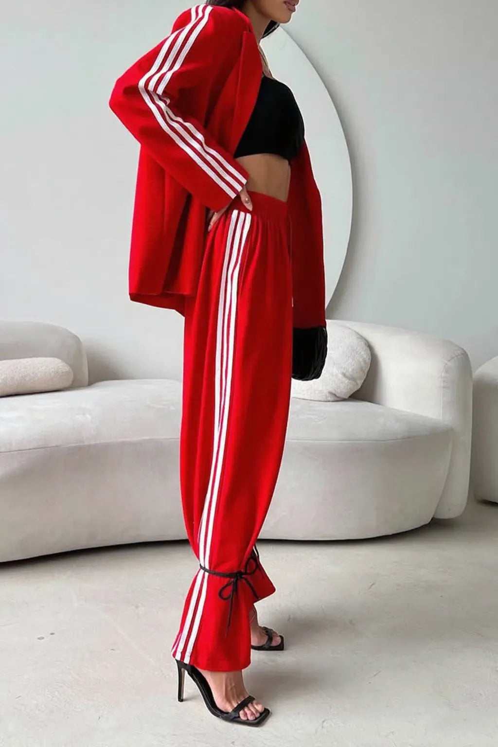 Ladies Collar Vertical Patterned Jacket+ Pants Casual Set