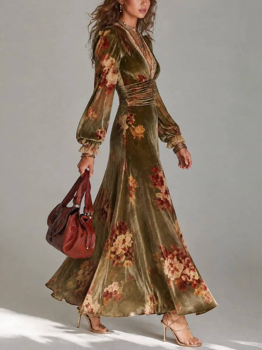 Lace V-Neck Floral Print Polyester Velvet Maxi Dress